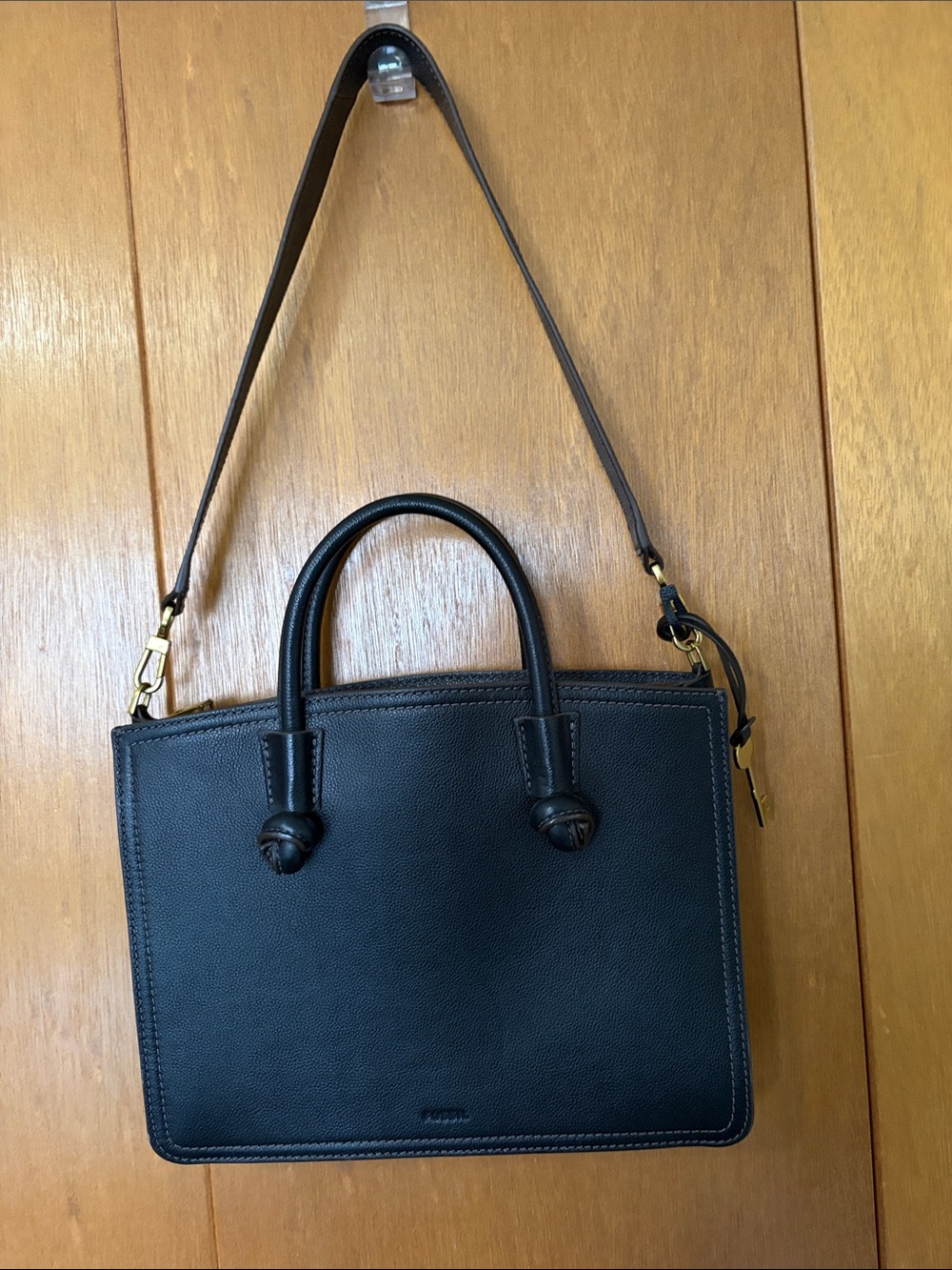 Fossil Black-Brown Leather Structured Satchel with Adjustable Strap